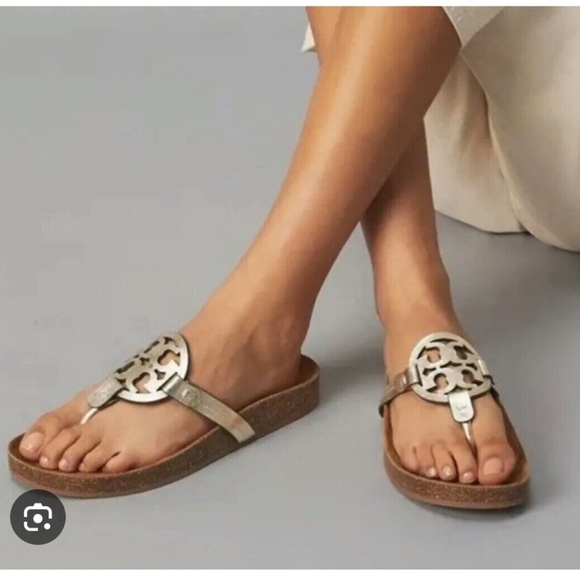 TORY BURCH Miller Cloud Leather Logo Sandals in Gold - Picture 1 of 9